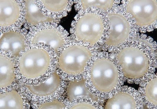 10 ivory white pearl rhinestone flatback button - silver - 18mm metal button - pearl rhinestone buttons - hair bow centers (pwrb
