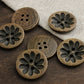 Brown Wooden Buttons - Intricate Flower Carvings -18mm - 4 Holes - Round Sewing Wood Buttons