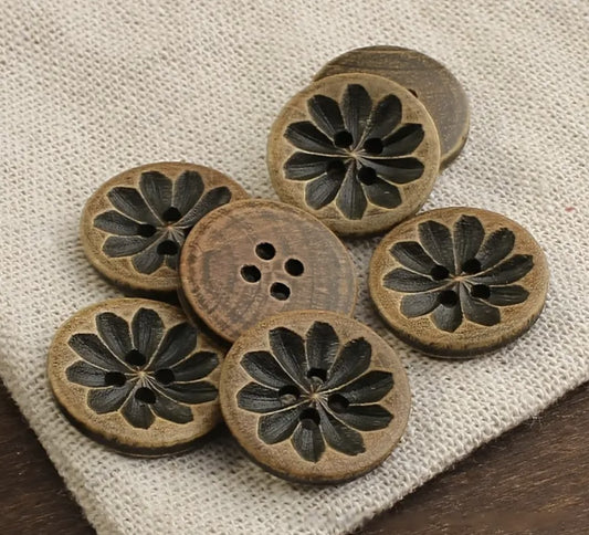 Brown Wooden Buttons - Intricate Flower Carvings -18mm - 4 Holes - Round Sewing Wood Buttons