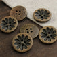 Brown Wooden Buttons - Intricate Flower Carvings -18mm - 4 Holes - Round Sewing Wood Buttons