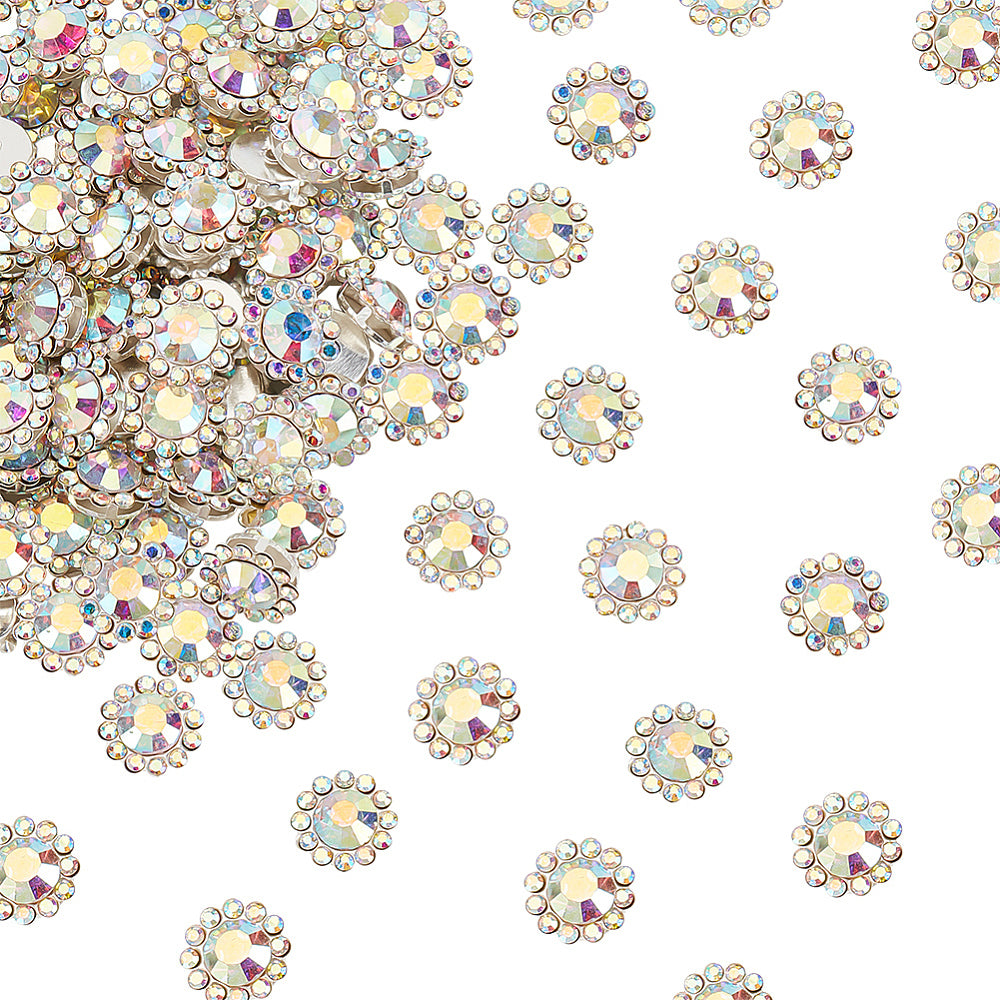 10 Clear AB Rhinestone Flatback Button - Silver - Solid Brass 12mm Metal Button - Silver Plated Rhinestone Buttons - Hair Bow Center (33B)