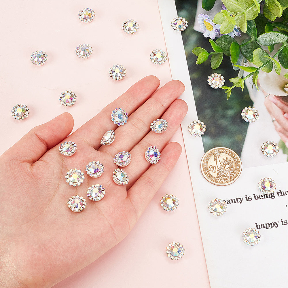 10 Clear AB Rhinestone Flatback Button - Silver - Solid Brass 12mm Metal Button - Silver Plated Rhinestone Buttons - Hair Bow Center (33B)