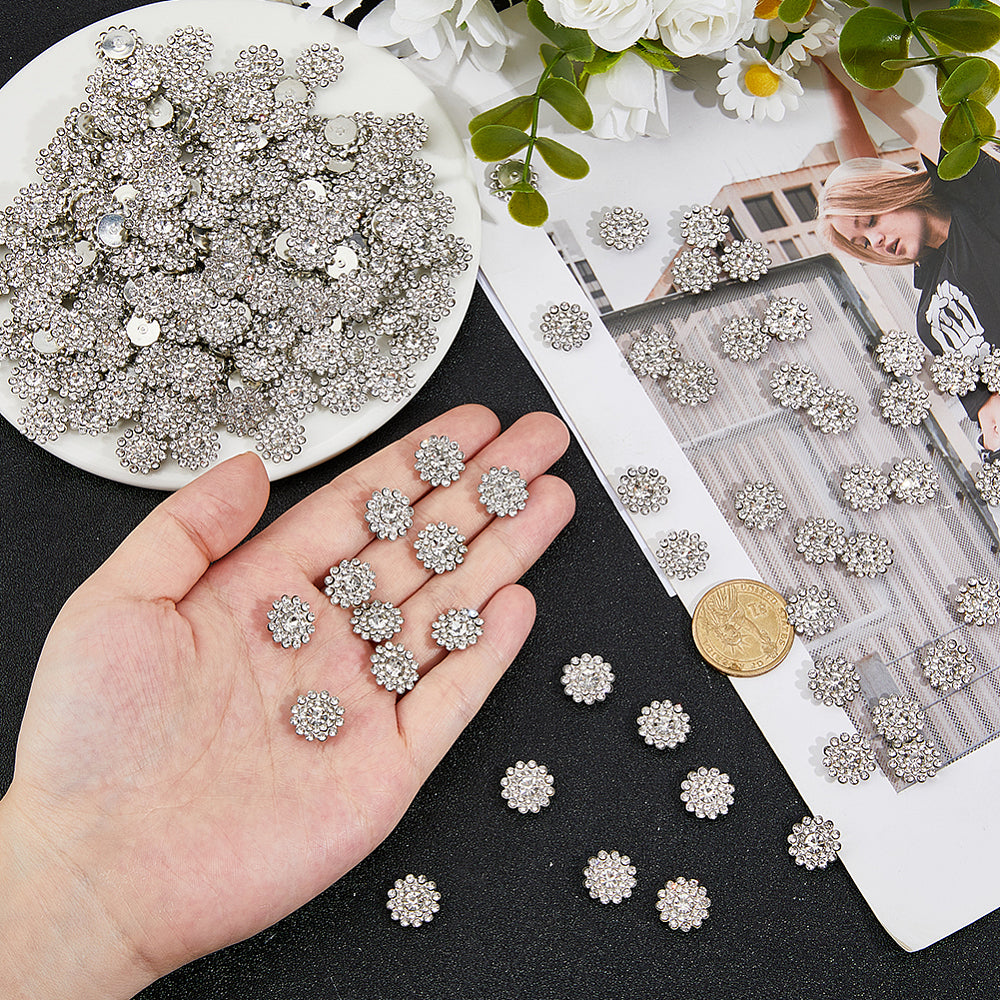 10 Rhinestone Flatback Button - Silver - Solid Brass 13mm Metal Button - Silver Plated Rhinestone Buttons - Hair Bow Center (69)