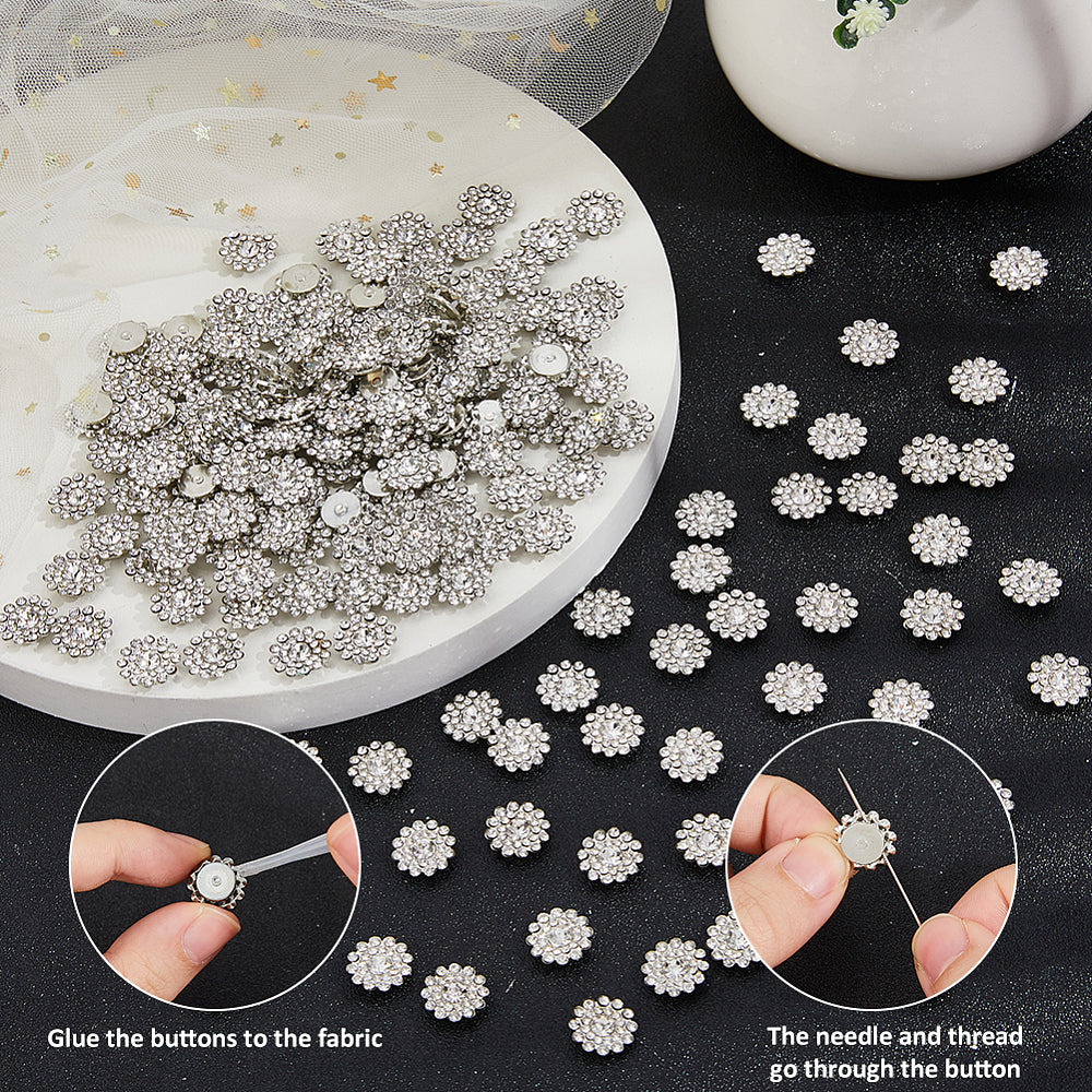10 Rhinestone Flatback Button - Silver - Solid Brass 13mm Metal Button - Silver Plated Rhinestone Buttons - Hair Bow Center (69)