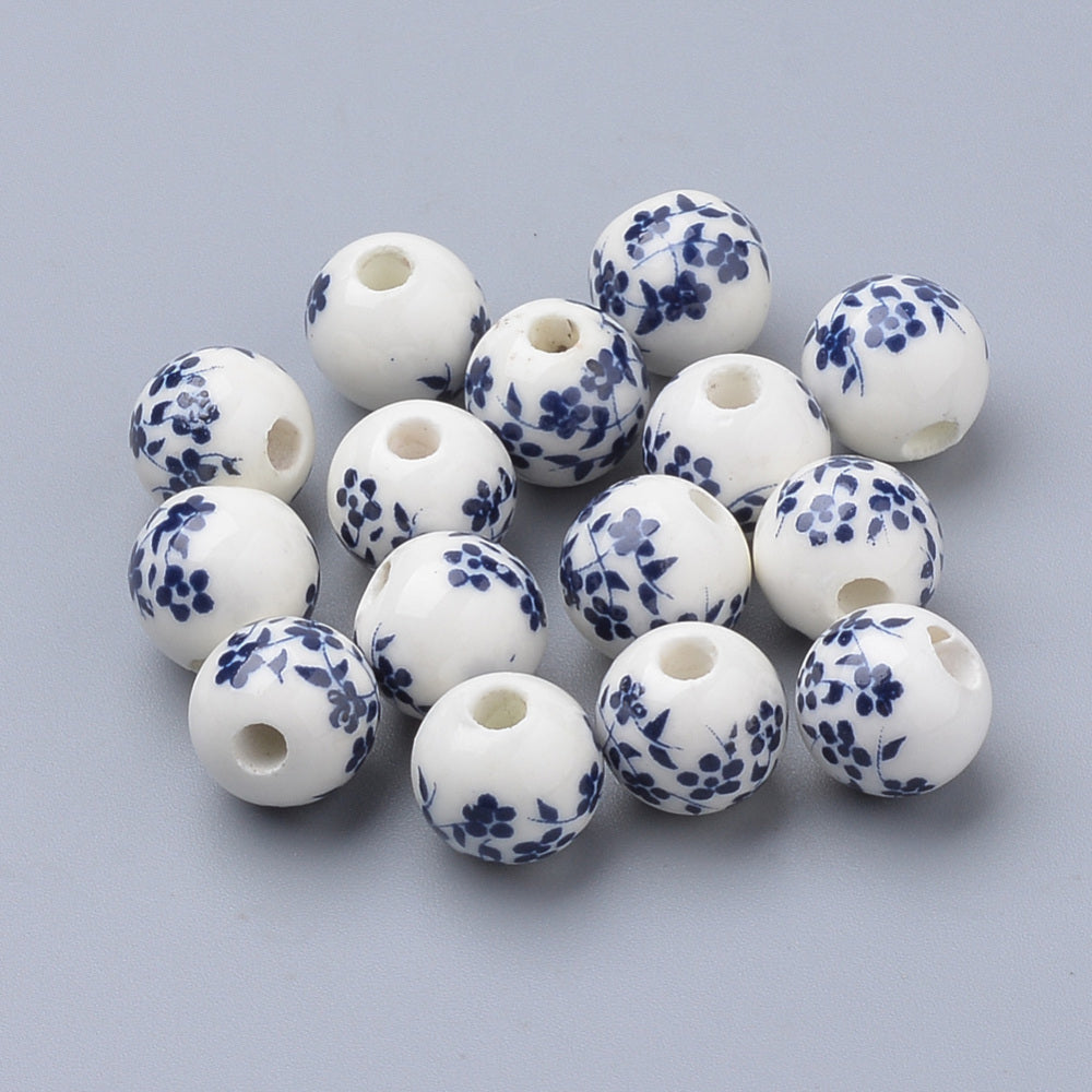 Porcelain Blue & White Floral Beads • 12mm Ceramic Beads • Jewelry Making Supplies • Set of 10 (12mm-4)