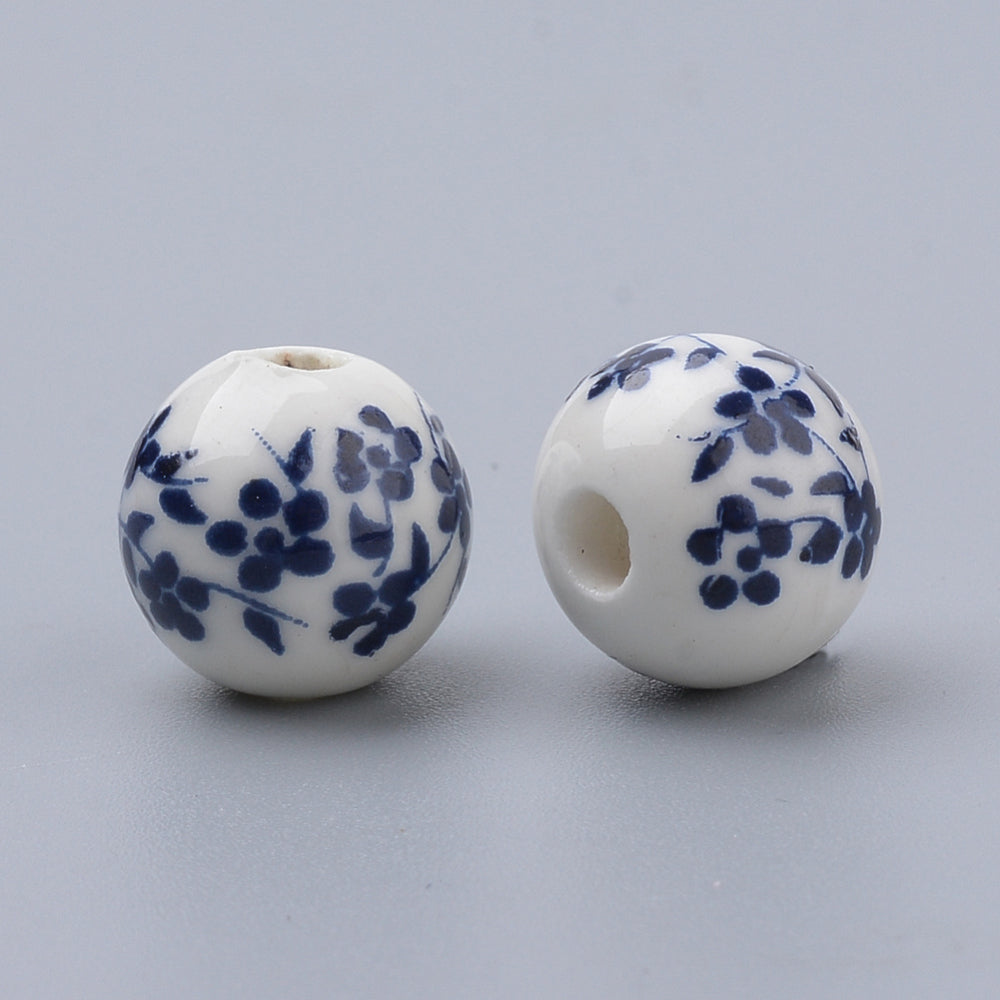 Porcelain Blue & White Floral Beads • 12mm Ceramic Beads • Jewelry Making Supplies • Set of 10 (12mm-4)
