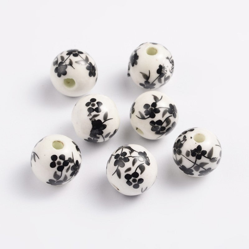 Porcelain Black & White Floral Beads • 12mm Ceramic Beads • Jewelry Making Supplies • Set of 10 (12mm-5)