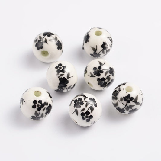 Porcelain Black & White Floral Beads • 12mm Ceramic Beads • Jewelry Making Supplies • Set of 10 (12mm-5)