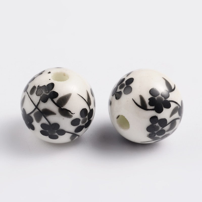Porcelain Black & White Floral Beads • 12mm Ceramic Beads • Jewelry Making Supplies • Set of 10 (12mm-5)