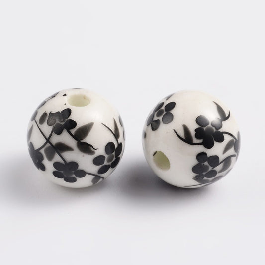 Porcelain Black & White Floral Beads • 12mm Ceramic Beads • Jewelry Making Supplies • Set of 10 (12mm-5)