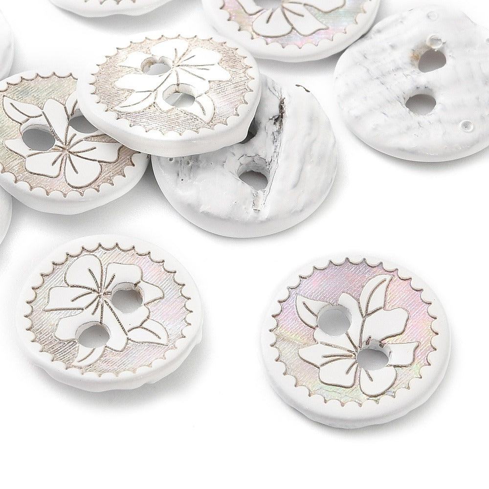 White Mother of Pearl Flower Buttons – 11.5mm Shell Buttons – Carved 2‑Hole Sewing & Craft Buttons (Set of 10) (18B6-04A)