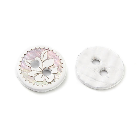 White Mother of Pearl Flower Buttons – 11.5mm Shell Buttons – Carved 2‑Hole Sewing & Craft Buttons (Set of 10) (18B6-04A)