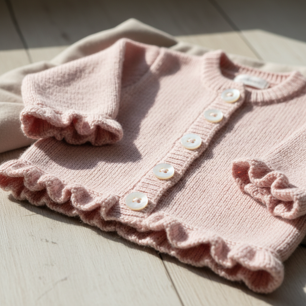 Pink knitted baby sweater with ruffled edges and shell buttons,