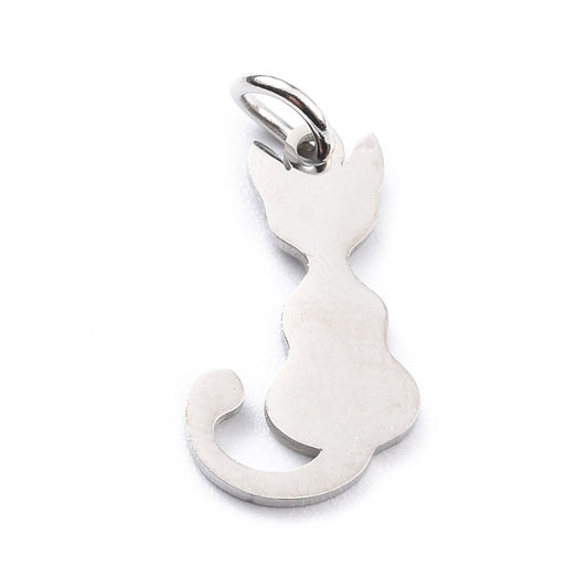 Tiny Silver Cat Charm | Feline Pendant | Kitty Pendant | 15.5mm long, 9mm wide, 3mm thick, hole: 3mm (01P)