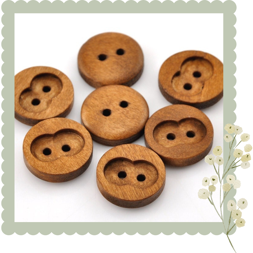 8 brown wooden buttons - 15mm (5/8 inch) -  2 hole - wood button