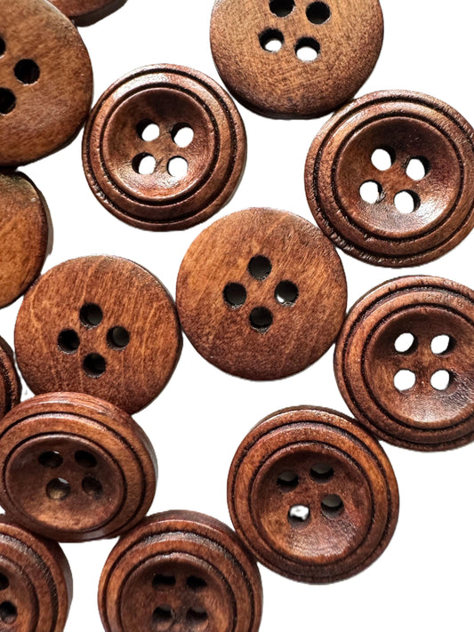 10 Wood Buttons - 18mm - Carved Circles - Double Ring - Brown Wooden Button (butt-18mm-brown-crcl-a)
