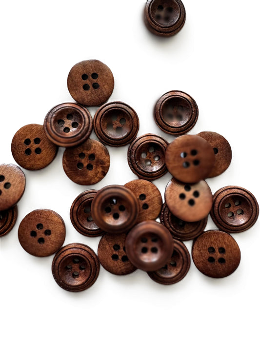 10 Wood Buttons - 18mm - Carved Circles - Double Ring - Brown Wooden Button (butt-18mm-brown-crcl-a)