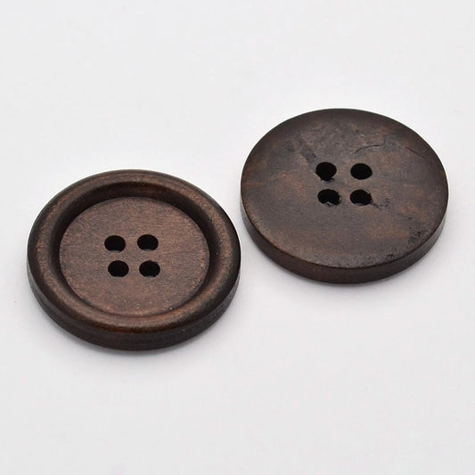 50 Dark Brown Wooden Buttons - 25mm (1 inch) - 4 Holes -  Round Sewing Wood Buttons 25mm (1")   (D039-26-01)