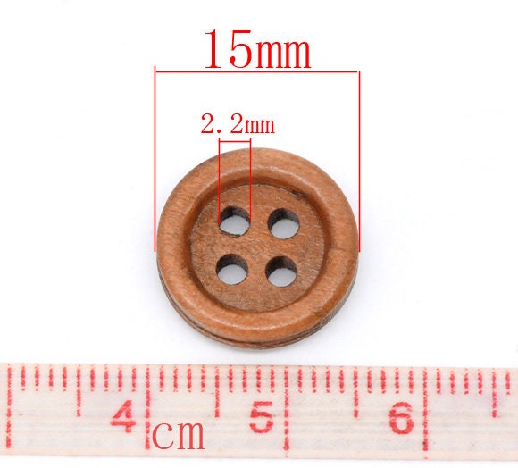 150 Medium Brown Wooden Buttons - 15mm - 4 Hole - Wood Button (B10382)