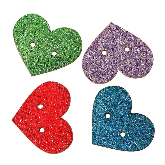 Glitter Heart Mixed Color Wooden Buttons - 30mm x 25mm (1 1/8" x 1")- Valentines Day - Randomly Mixed Glitter Colors - 2 Hole (B53743)