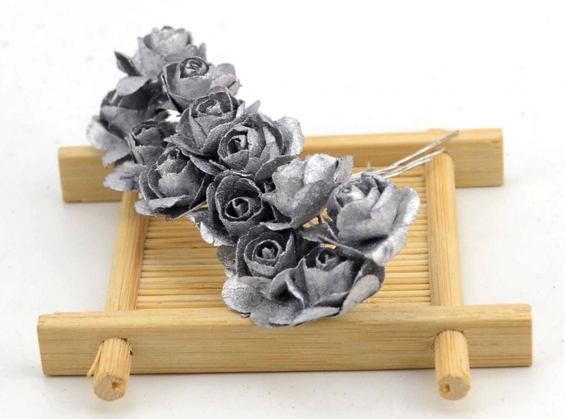Silver and Gold Mini Paper Flowers - 20mm - Small Paper Roses - Tiny Paper Roses - Stems