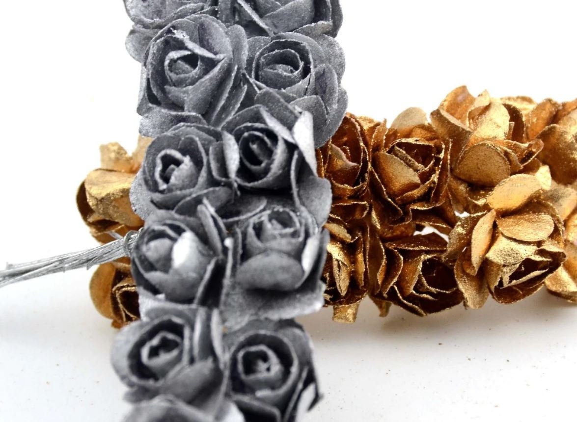 Silver and Gold Mini Paper Flowers - 20mm - Small Paper Roses - Tiny Paper Roses - Stems