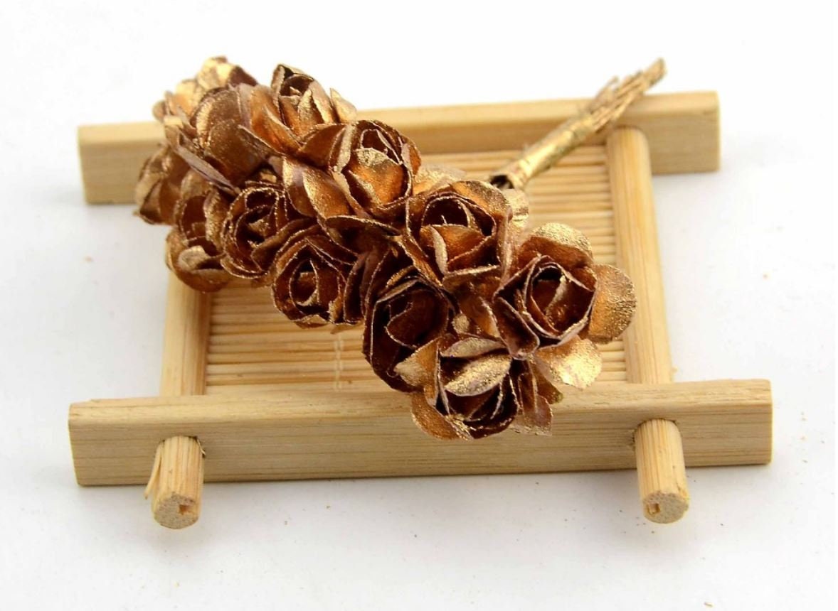 Silver and Gold Mini Paper Flowers - 20mm - Small Paper Roses - Tiny Paper Roses - Stems