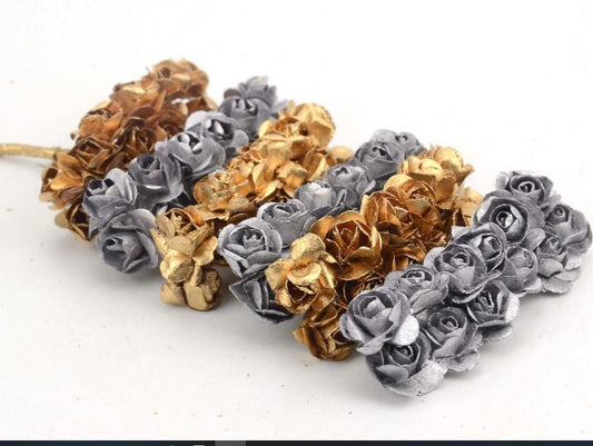 Silver and Gold Mini Paper Flowers - 20mm - Small Paper Roses - Tiny Paper Roses - Stems