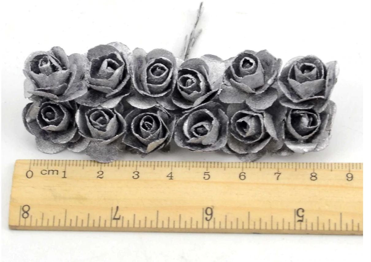 Silver and Gold Mini Paper Flowers - 20mm - Small Paper Roses - Tiny Paper Roses - Stems
