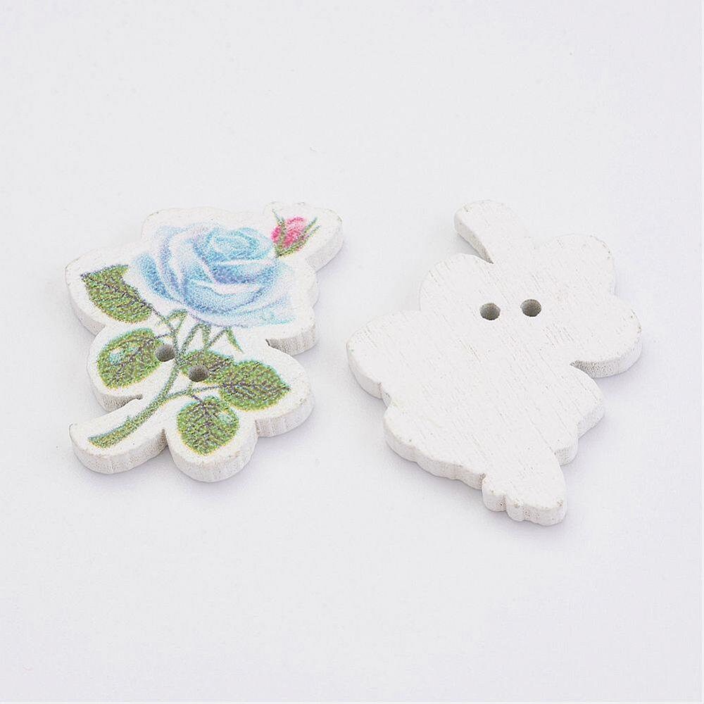 Mixed Rose Shaped Wooden Buttons - 31mm x 25mm x 3mm - 2 Hole - Blue and Pink Mixed Color Wood Button (K005-26))
