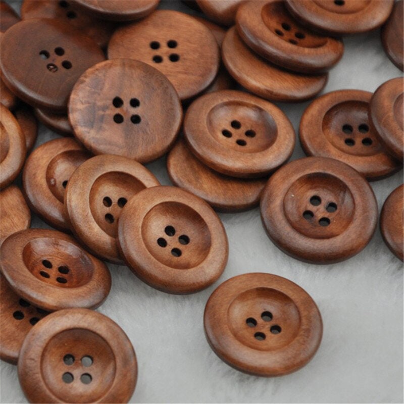 10 Brown Wooden Buttons - 25mm (1 inch) - 4 Holes -  Round Sewing Wood Buttons 25mm (1")  (21317)