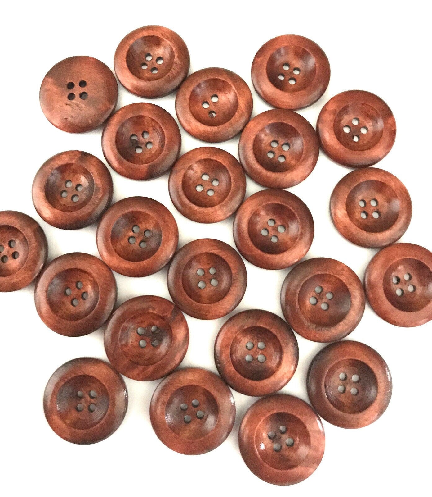 10 Brown Wooden Buttons - 25mm (1 inch) - 4 Holes -  Round Sewing Wood Buttons 25mm (1")  (21317)