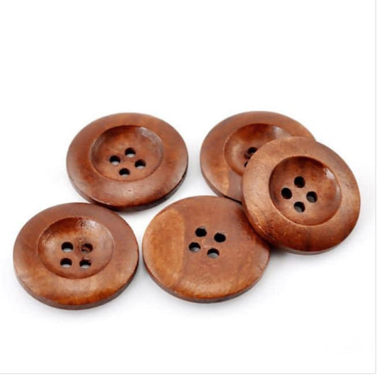 10 Brown Wooden Buttons - 25mm (1 inch) - 4 Holes -  Round Sewing Wood Buttons 25mm (1")  (21317)