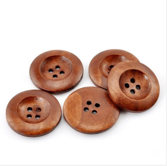 100 Brown Wooden Buttons - 25mm (1 inch) - 4 Holes -  Round Sewing Wood Buttons 25mm (1")  (21317)
