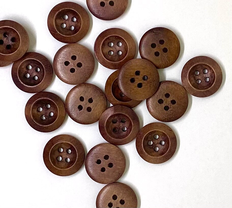 Dark Brown Wooden Buttons - 20mm (Approx. 3/4 inch) - 4 Holes - Round Sewing Wood Buttons 20mm (981)