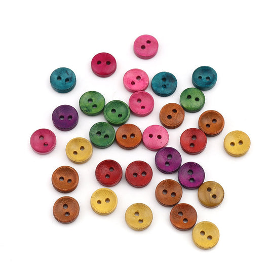 Wooden Mini Buttons - 10mm -  Mixed Colors - 2 Hole - Mixed Color Wood Button (690)