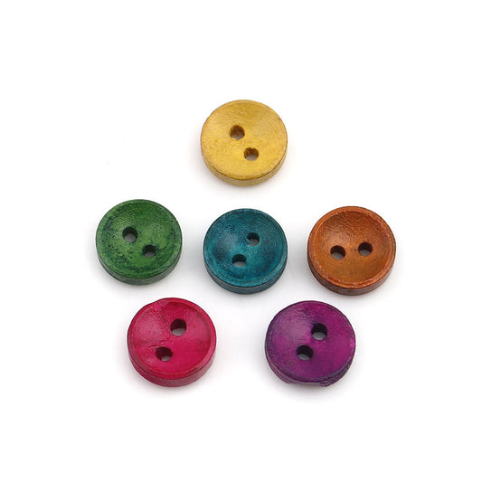 Wooden Mini Buttons - 10mm -  Mixed Colors - 2 Hole - Mixed Color Wood Button (690)