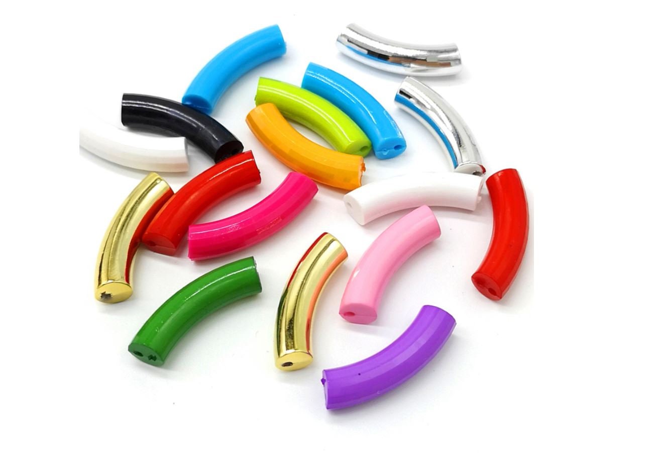 Custom for Katie - Red, Green, Pink Tube Beads - 33mm x 8mm  -  Bamboo Acrylic Tube Bead for Stretch Bracelets (bd-tube-red-pink-green-30ea)