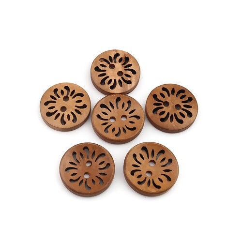 Brown Coffee Carved Wooden Buttons - 23mm (Approx. 1 inch) - 2 Hole - Brown Wood Button (B21510)