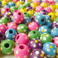 Wood Bead, Multicolored, 11x10mm Round with Painted Flowers and Dots Pkg/50