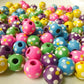 Wood Bead, Multicolored, 11x10mm Round with Painted Flowers and Dots Pkg/50