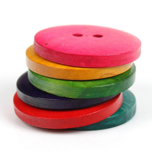 50 Large Mixed Color Wooden Buttons - 30mm (1 1/8 Inch) -  Mixed Colors - 2 Hole - Mixed Wood Button (23789)