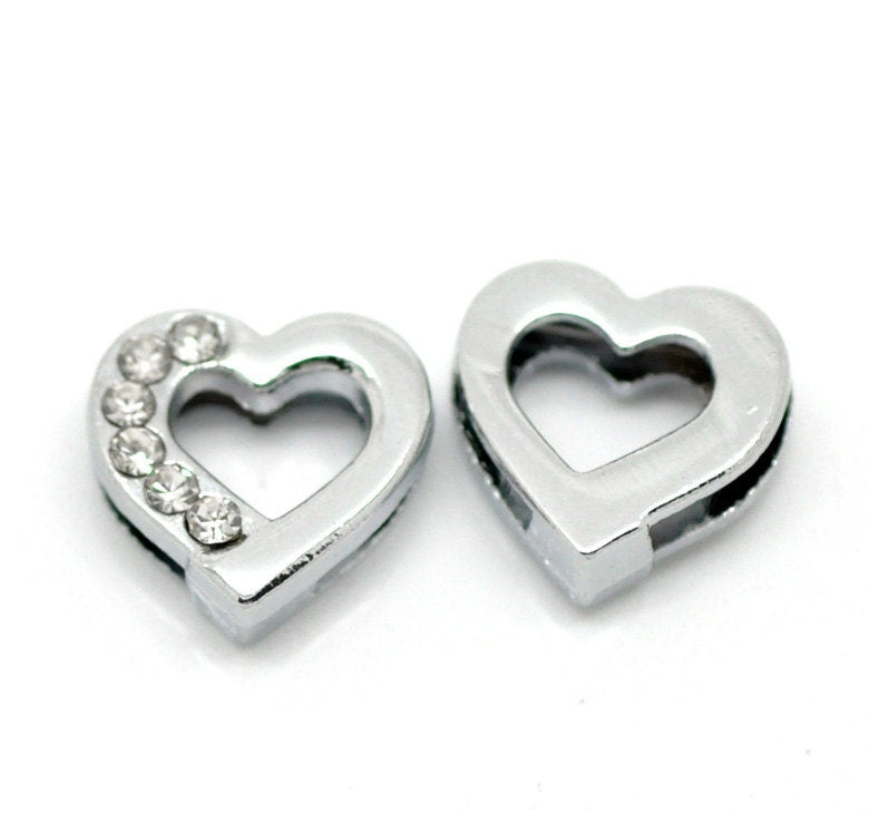 10 Rhinestone Heart Slider Bead Connector - Silver Finish - Crystal Rhinestone - 12mm (4/8"x 4/8")