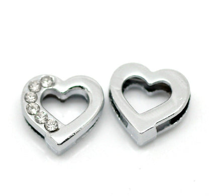 10 Rhinestone Heart Slider Bead Connector - Silver Finish - Crystal Rhinestone - 12mm (4/8"x 4/8")