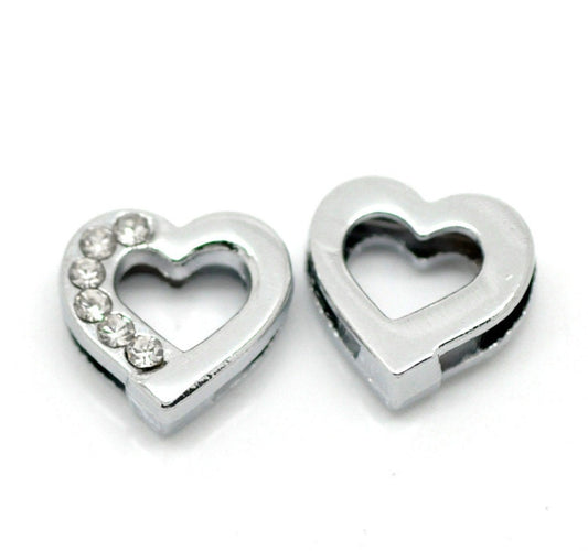 10 Rhinestone Heart Slider Bead Connector - Silver Finish - Crystal Rhinestone - 12mm (4/8"x 4/8")