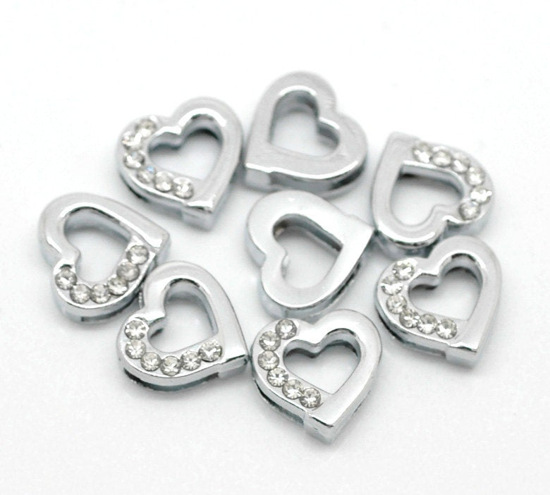 10 Rhinestone Heart Slider Bead Connector - Silver Finish - Crystal Rhinestone - 12mm (4/8"x 4/8")