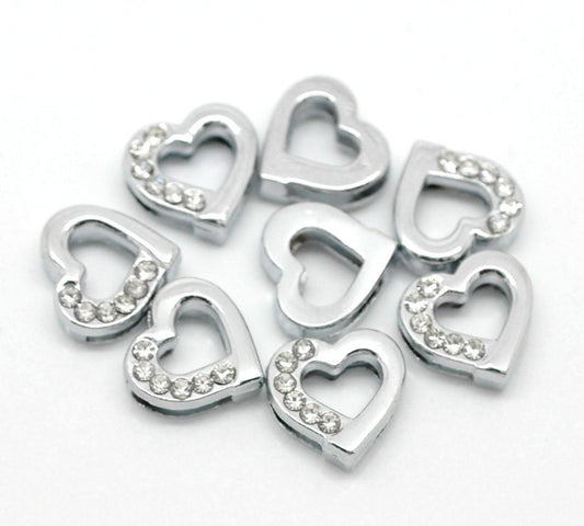 10 Rhinestone Heart Slider Bead Connector - Silver Finish - Crystal Rhinestone - 12mm (4/8"x 4/8")