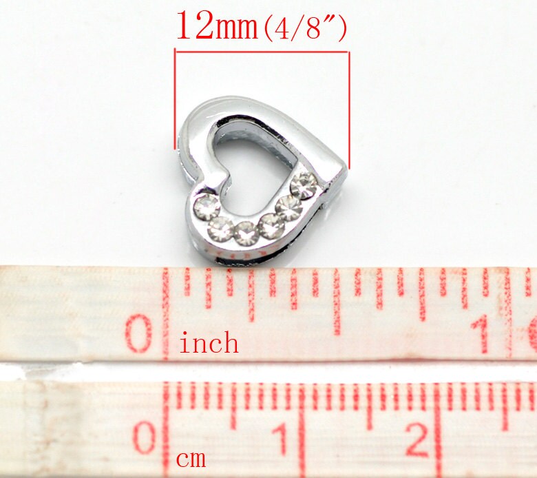 10 Rhinestone Heart Slider Bead Connector - Silver Finish - Crystal Rhinestone - 12mm (4/8"x 4/8")