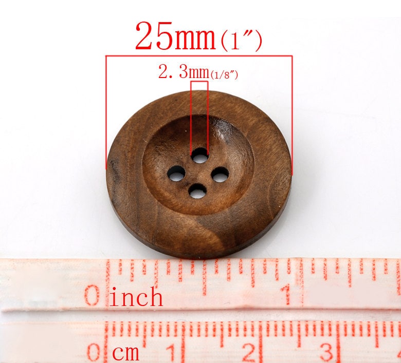 10 Brown Wooden Buttons - 25mm (1 inch) - 4 Holes -  Round Sewing Wood Buttons 25mm (1")  (21317)