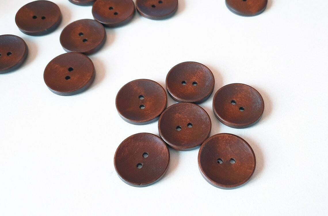 Brown wooden buttons - 25mm (1 inch) - 2 holes -  round sewing wood buttons 25mm